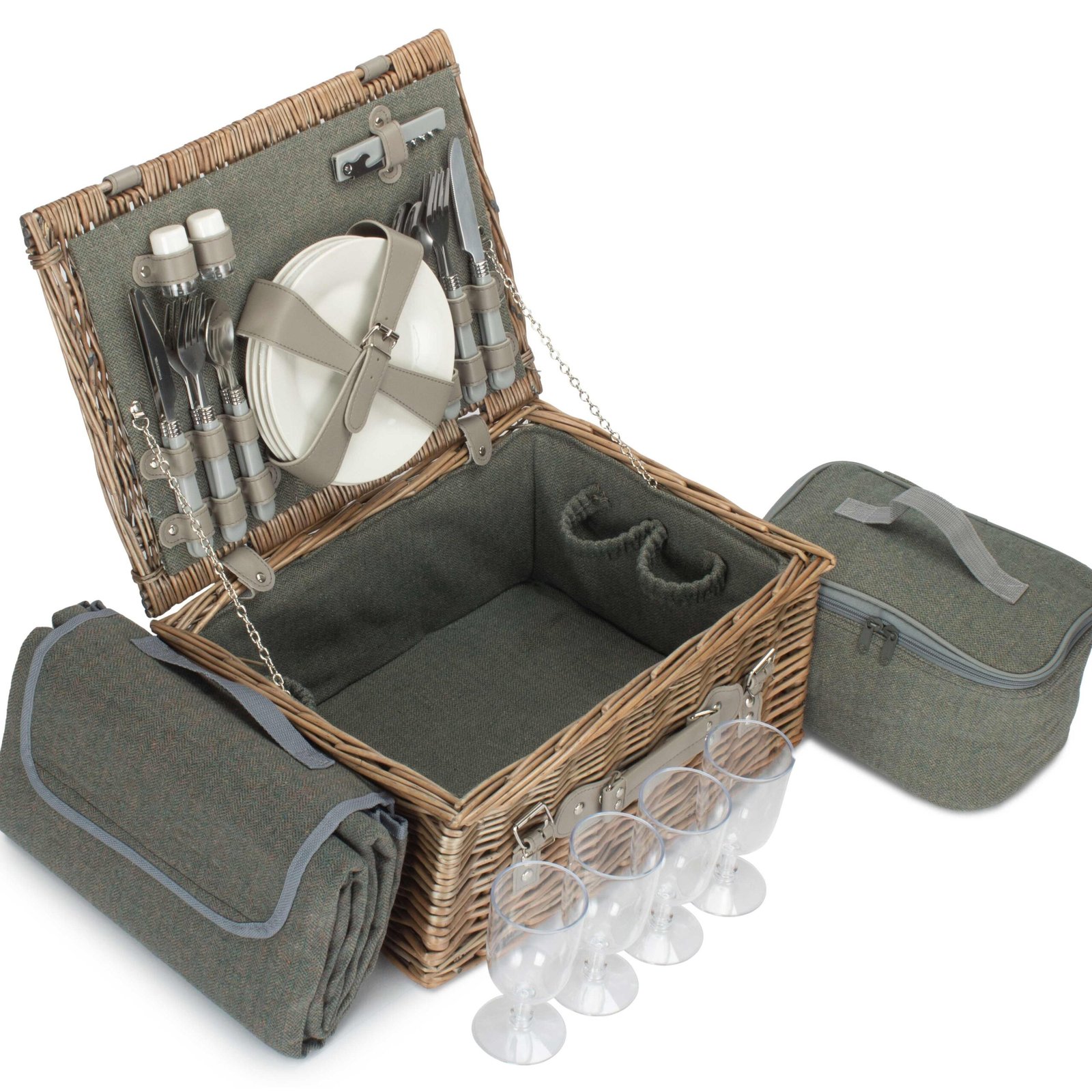 4 Person Picnic Hamper Green Tweed - Image 3