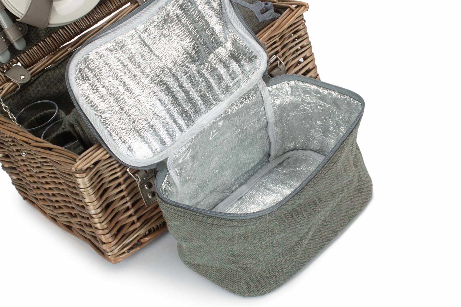 4 Person Picnic Hamper Green Tweed - Image 4