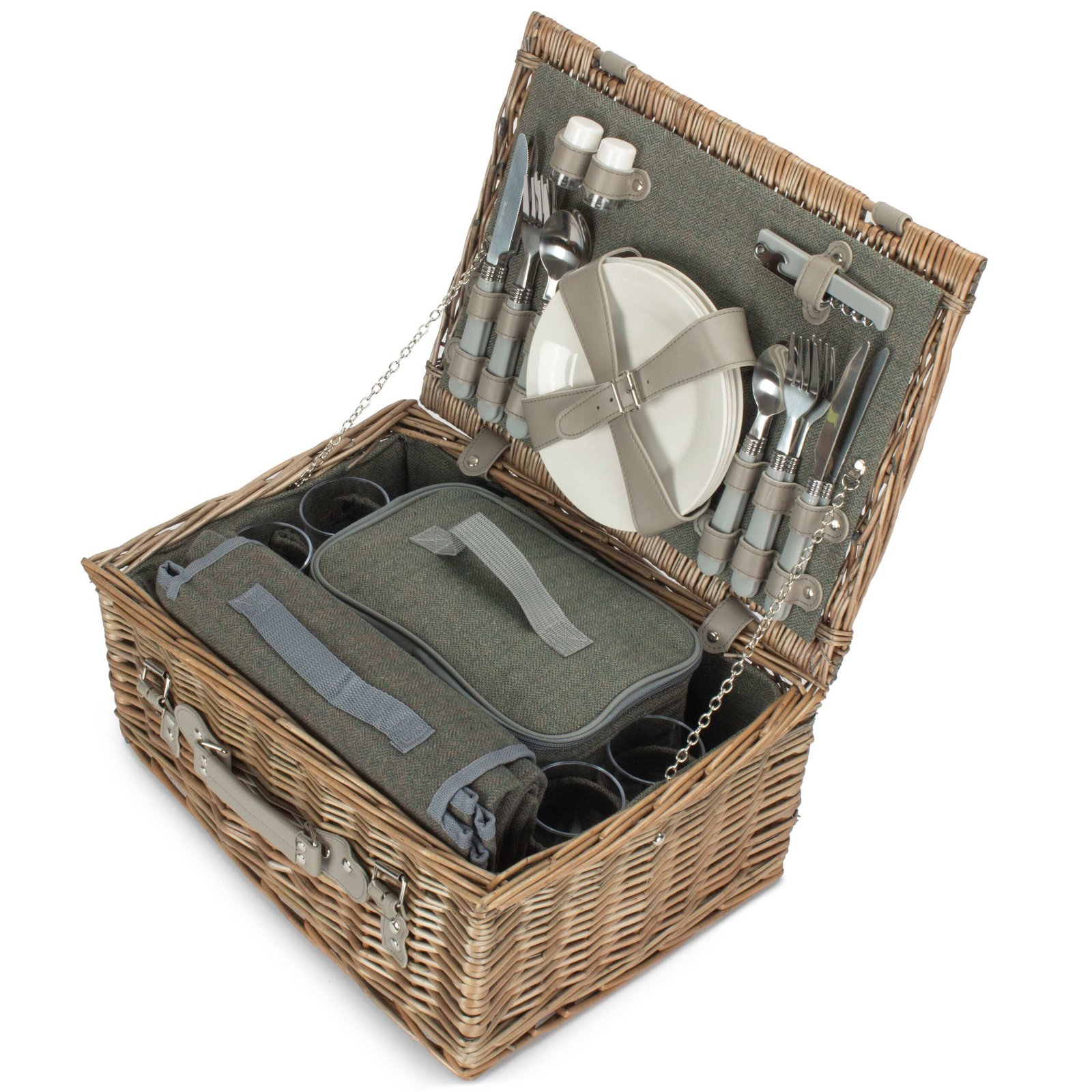 4 Person Picnic Hamper Green Tweed - Image 2