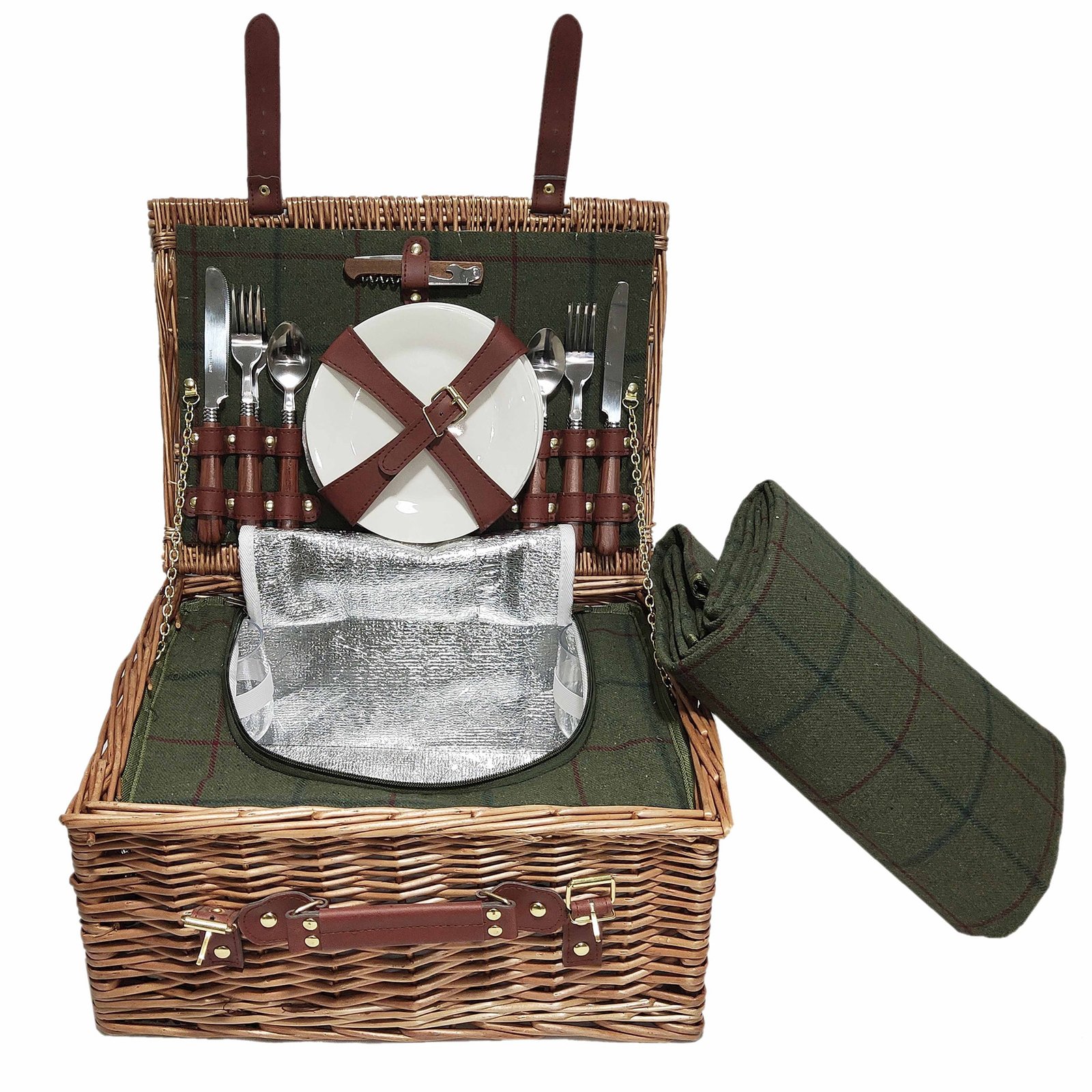 4 Person Picnic Hamper Green Tweed - Image 10