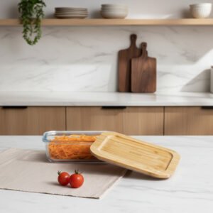 Rectangular Glass Container With Bamboo Lid 650ml