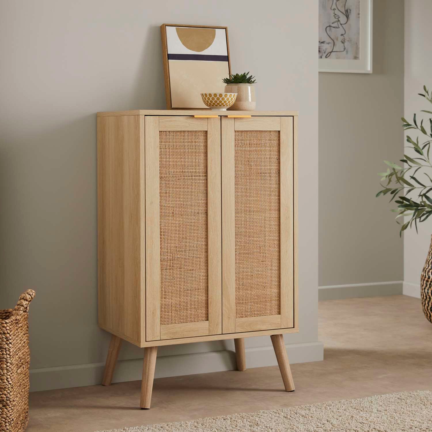 Oak Effect Rattan Shoe Storage Cabinet - Image 2