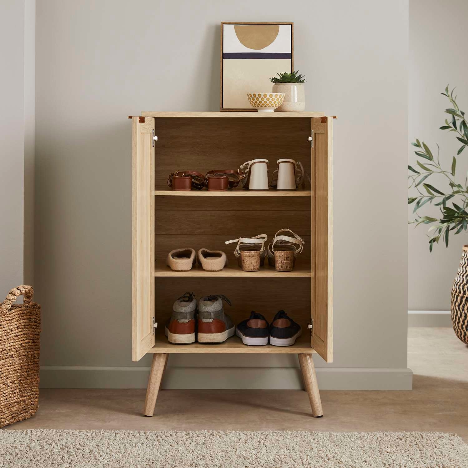 Oak Effect Rattan Shoe Storage Cabinet - Image 3