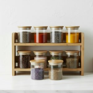 Glass Spice Jar With Bamboo Lid - Set Of 10
