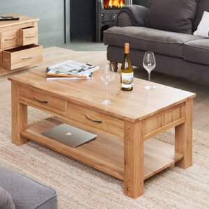 Solid Oak Coffee Table with 4 Drawers & Shelf